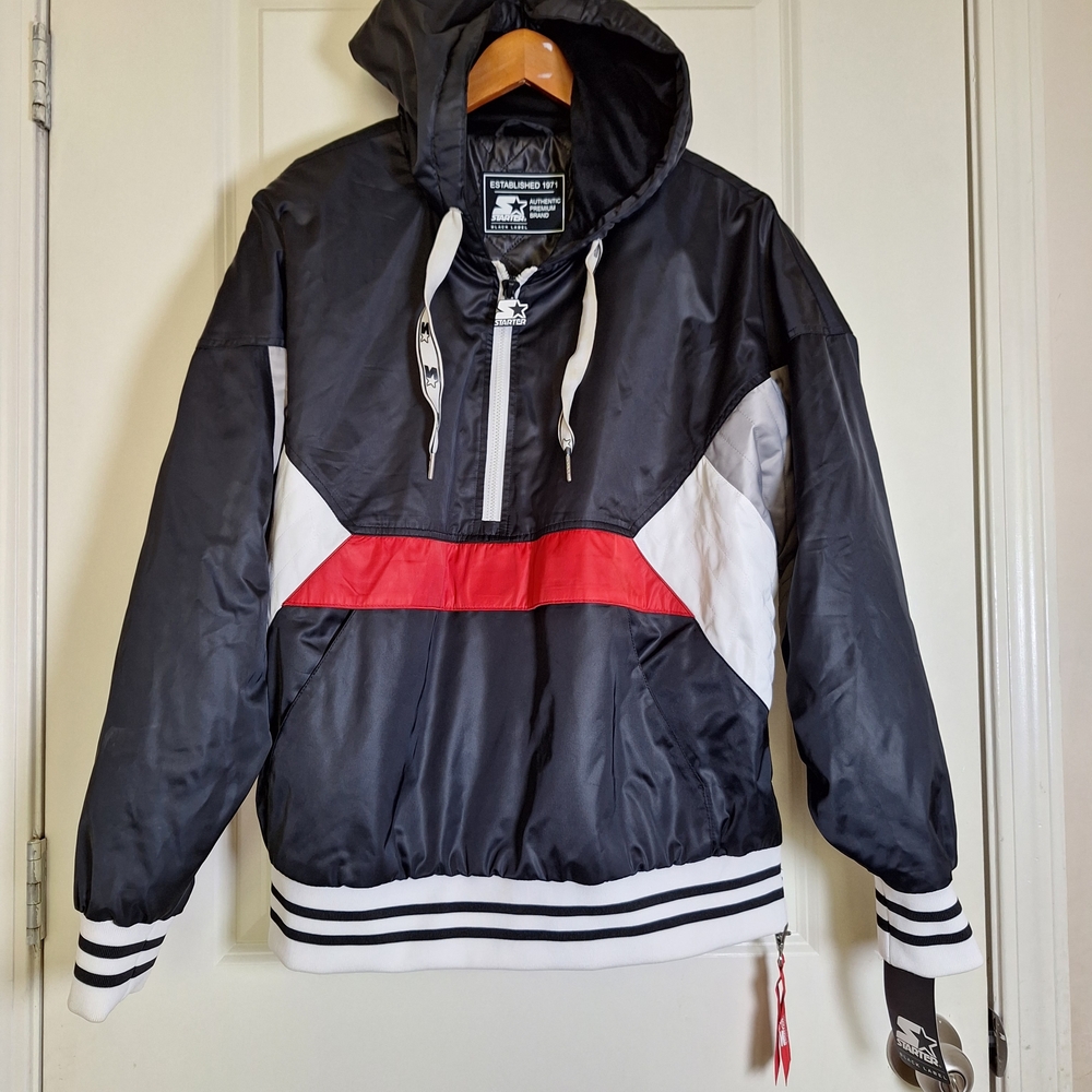NWT Vintage Starter Black & Red Colorblock Half-Zip Hooded Windbreaker Jacket